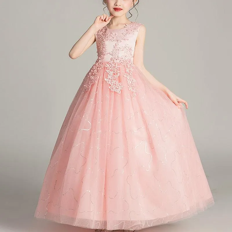 Girls Princess Sleeveless Flower Birthday / Wedding Party Banquet Long Dress