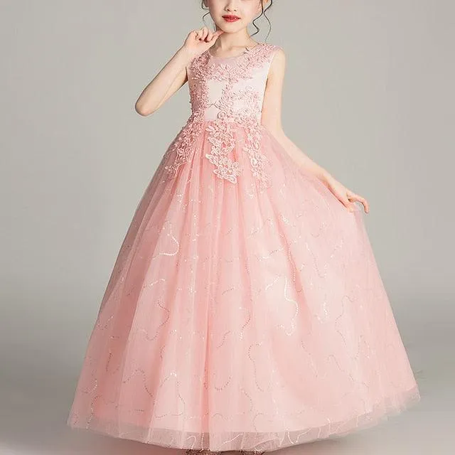 Girls Princess Sleeveless Flower Birthday / Wedding Party Banquet Long Dress