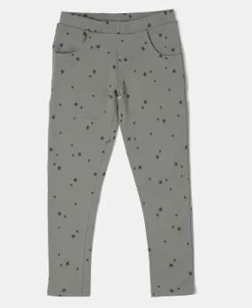 Girl's Super Combed Cotton Elastane Stretch French Terry Printed Jeggings - Sea Spray Printed