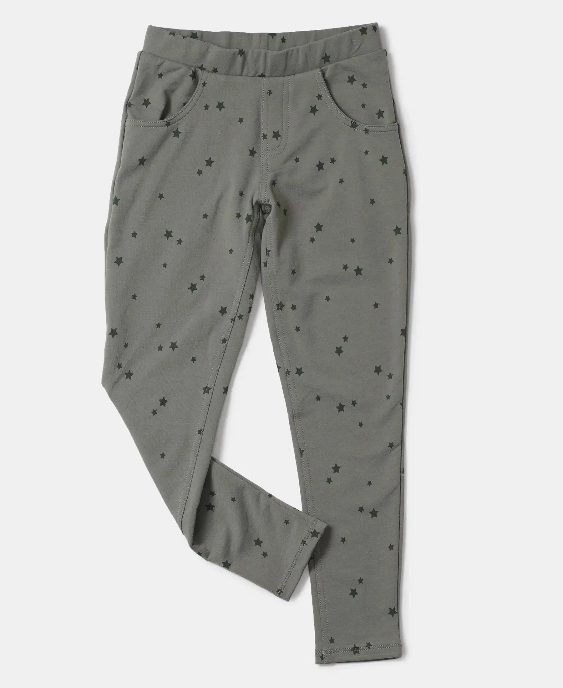 Girl's Super Combed Cotton Elastane Stretch French Terry Printed Jeggings - Sea Spray Printed