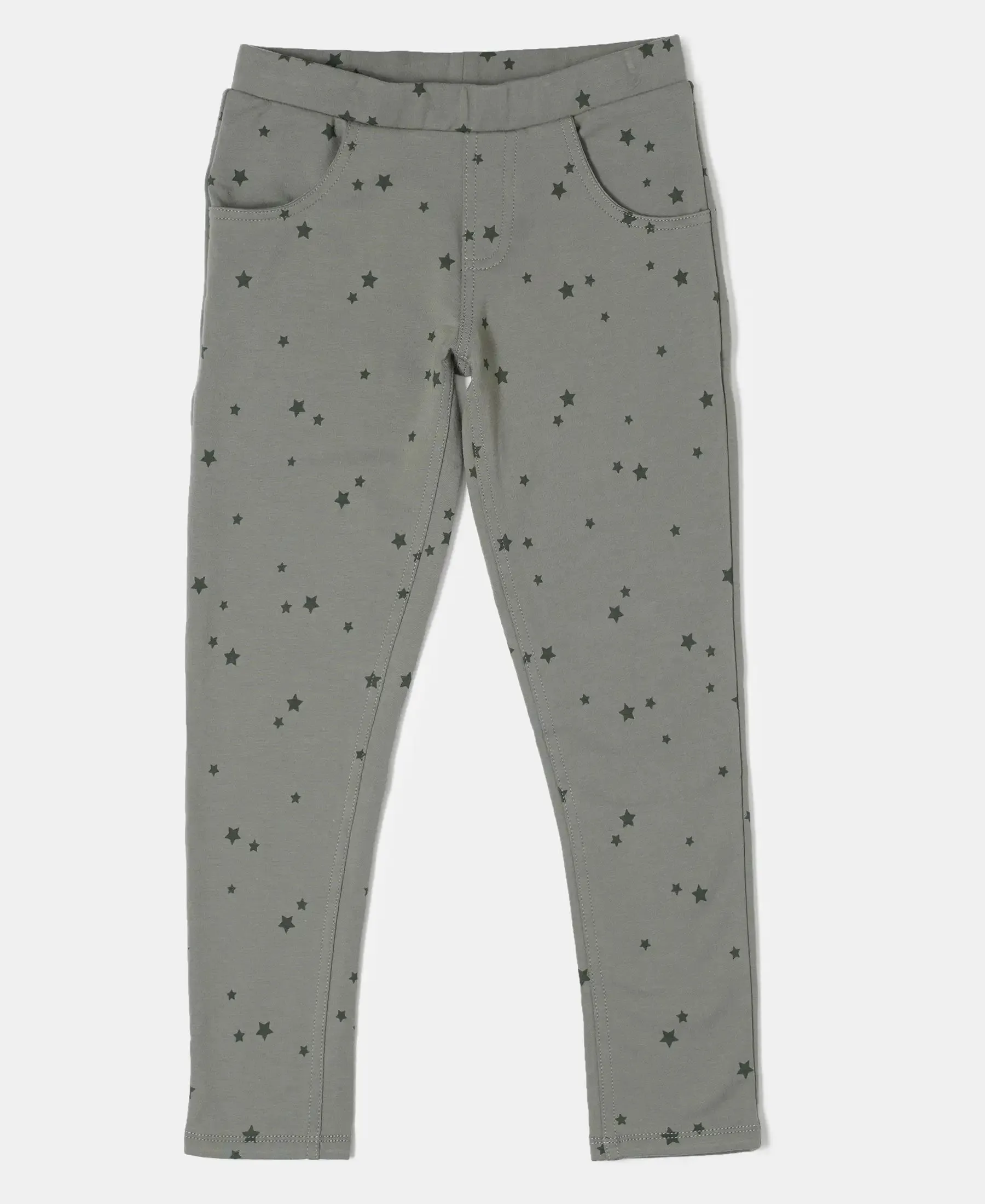 Girl's Super Combed Cotton Elastane Stretch French Terry Printed Jeggings - Sea Spray Printed