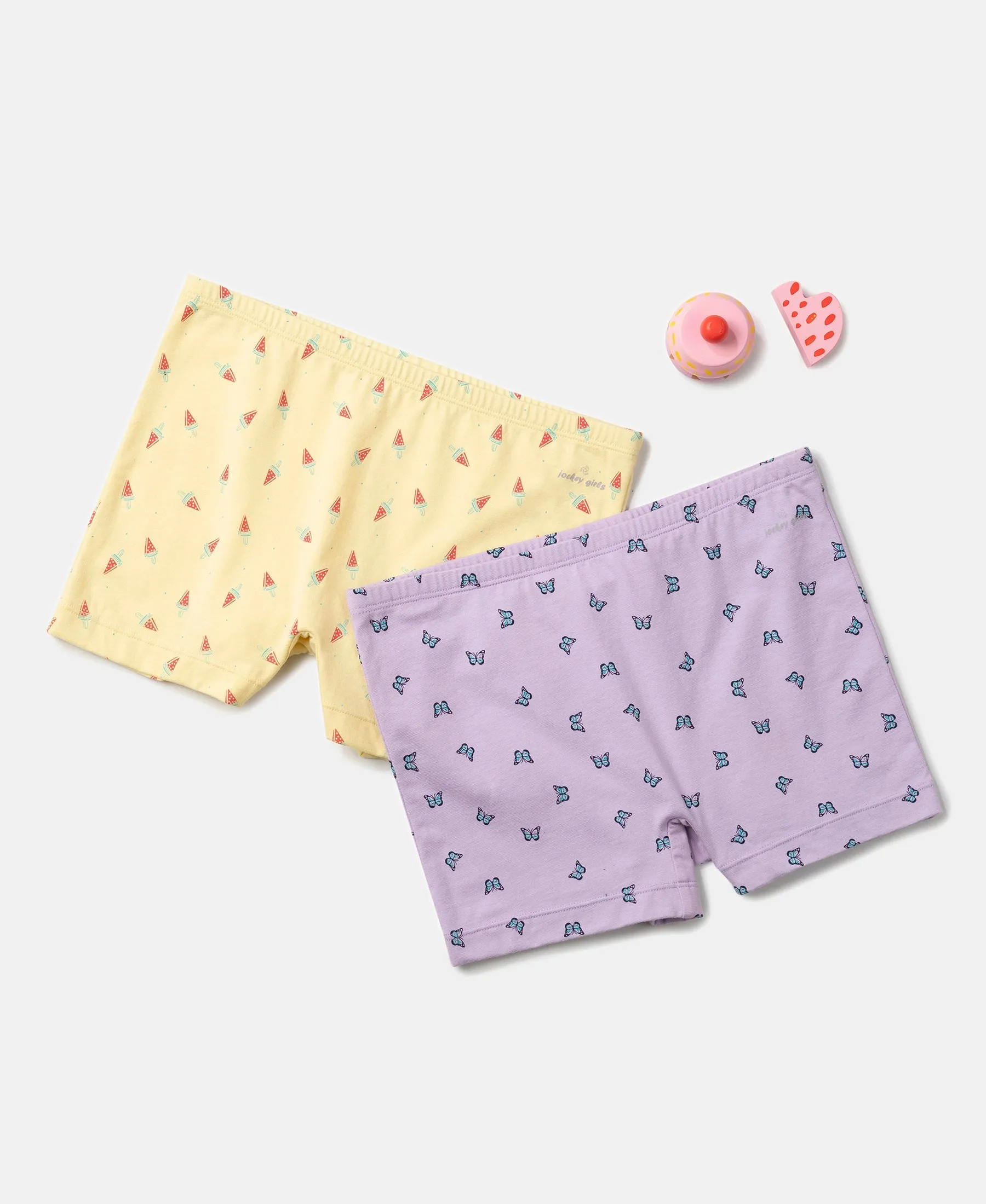 Girls Super Combed Cotton Elastane Stretch Printed Shorties with Concealed Waistband - Assorted (Pack of 2)