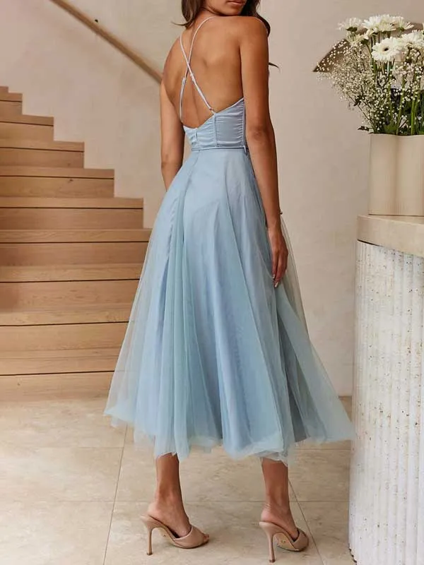Halter Sleeveless Mesh Pleated Dress