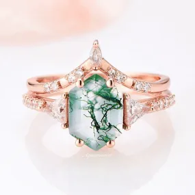 Hexagon Green Moss Agate Ring Set-14K Rose Gold Vermeil