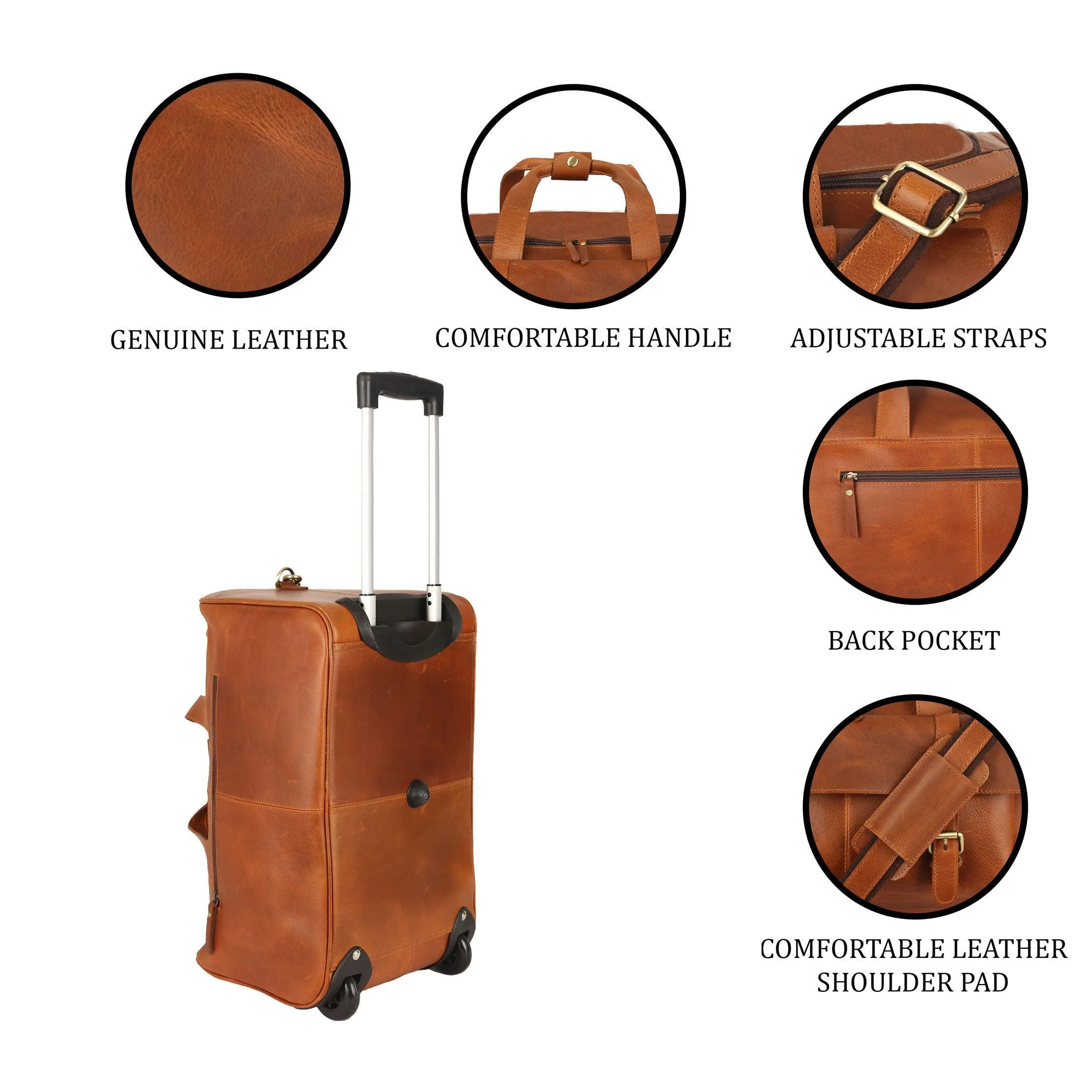Leather Rolling Travel Duffle Bag for Men Women 21 inch U Zip with wheels Sports Overnight Weekend Duffel Gym Cabin Holdall with wheels for easy carry