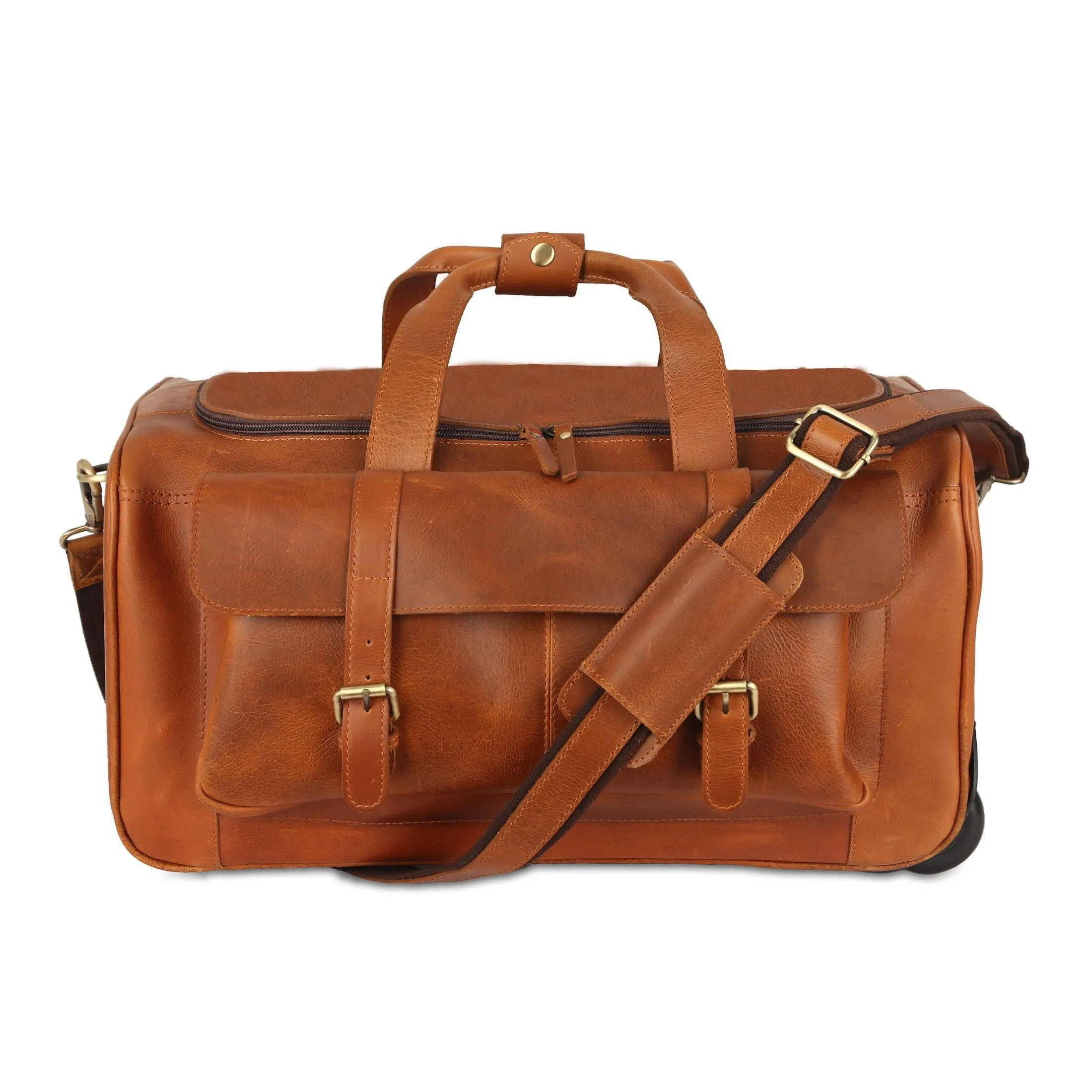 Leather Rolling Travel Duffle Bag for Men Women 21 inch U Zip with wheels Sports Overnight Weekend Duffel Gym Cabin Holdall with wheels for easy carry