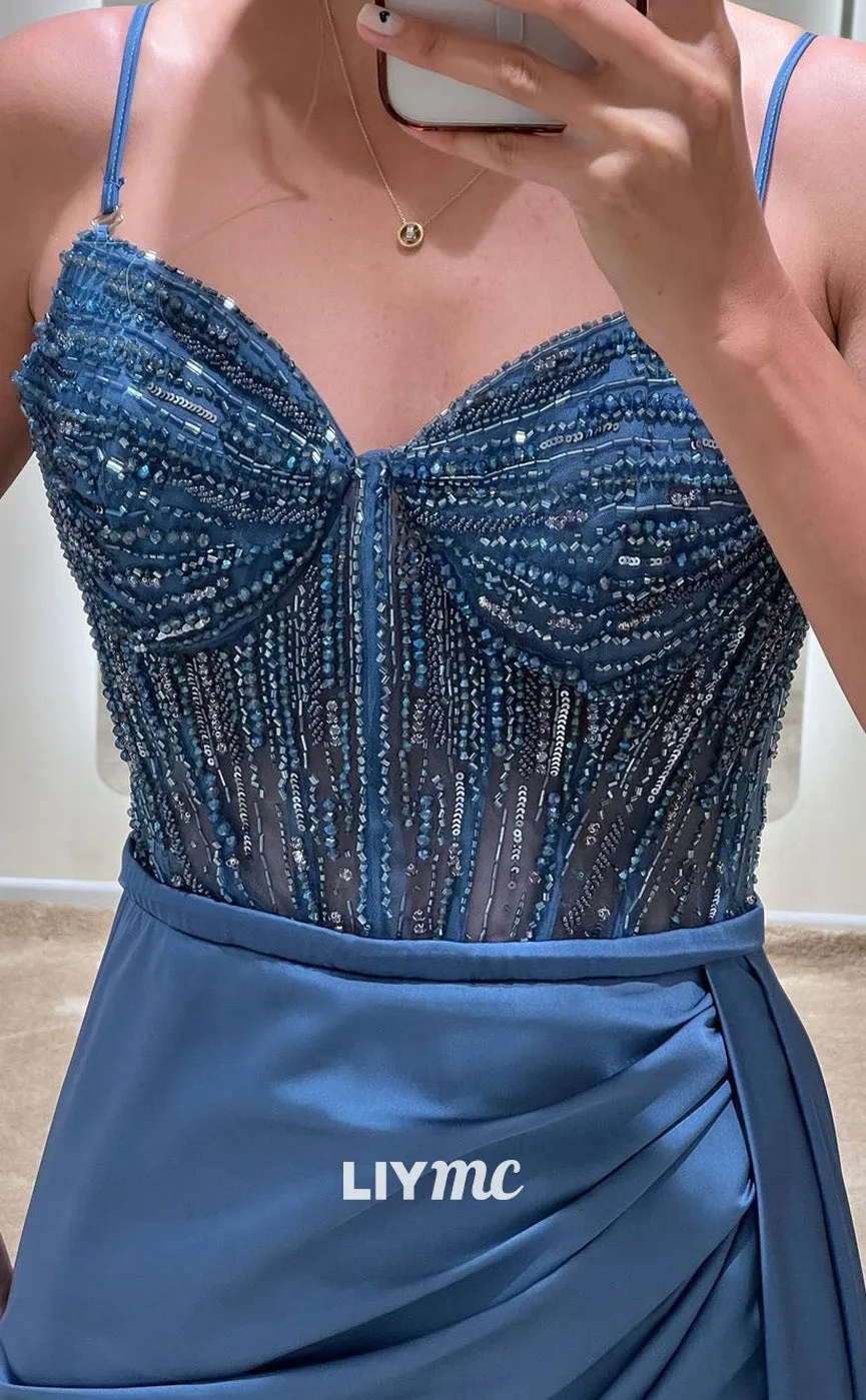 LP1839 - Sweetheart Spaghetti Straps Sleeveless Beaded Ruched Side Slit Prom Dress