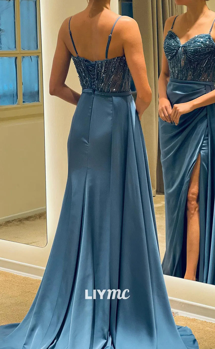LP1839 - Sweetheart Spaghetti Straps Sleeveless Beaded Ruched Side Slit Prom Dress