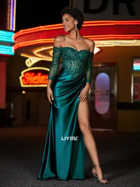 LP1931 - High Slit Corset Bodice Stretch Satin Gown Dark Green