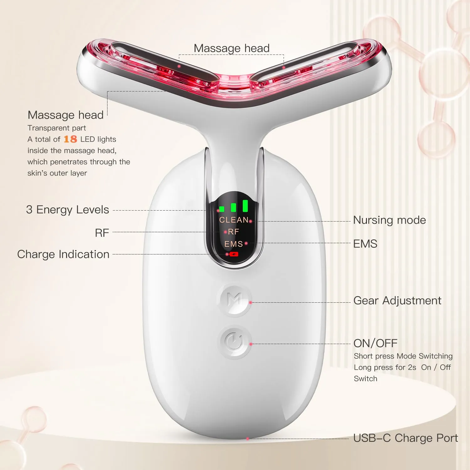 Microcurrent-Facial-Neck Device Face Massage Machine, 3 Modes Skin Care-Heat, Vibration, Facial Device for Skin Care, Improvement, Firming, Tightening and Smoothing