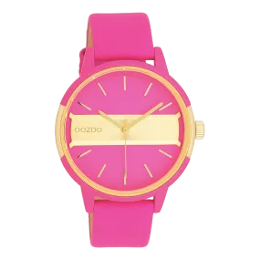 Neon pink/gold coloured OOZOO watch with neon pink leather strap - C11192