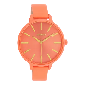 Neon red OOZOO watch with coral coloured leather strap - C11185