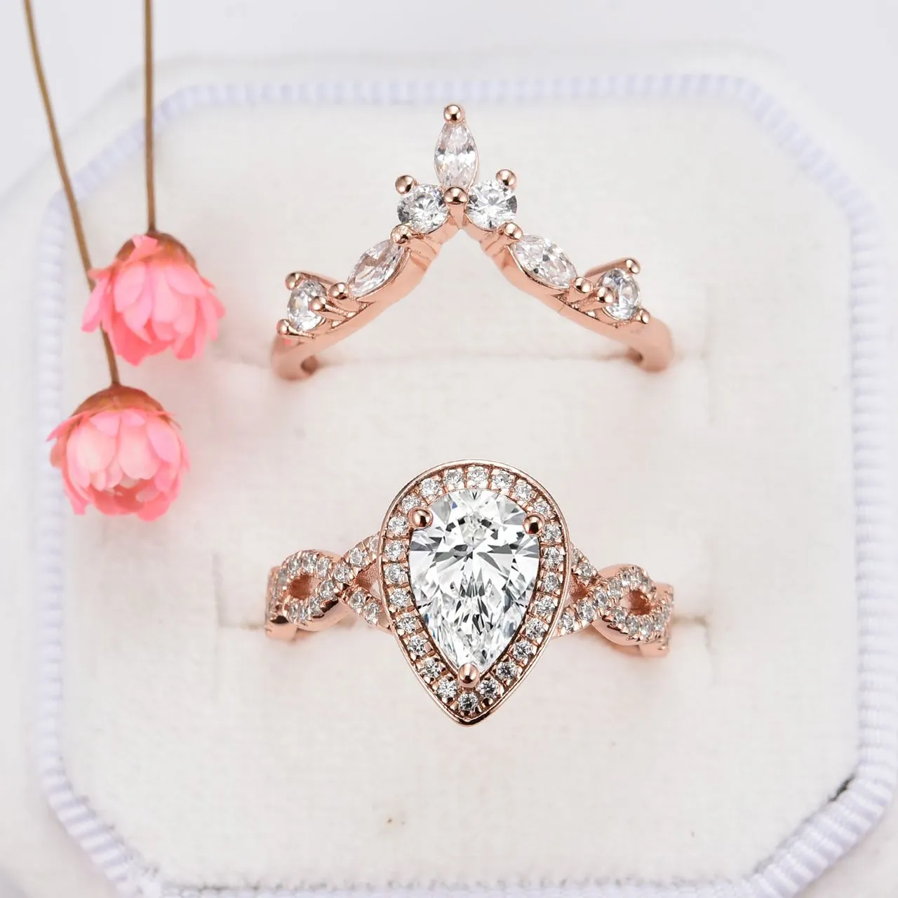 Nouveau Diamond (cz) Engagement Ring Set- 14K Rose Gold Vermeil