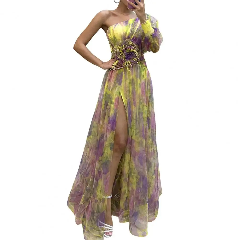 Sexy A-line Evening Dress Doule Layered Tie Dye Flower Print One Shoulder Women Banquet Gown Floor Length Split Hem Long Dresses