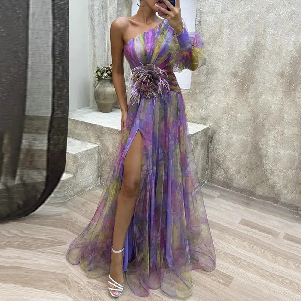 Sexy A-line Evening Dress Doule Layered Tie Dye Flower Print One Shoulder Women Banquet Gown Floor Length Split Hem Long Dresses
