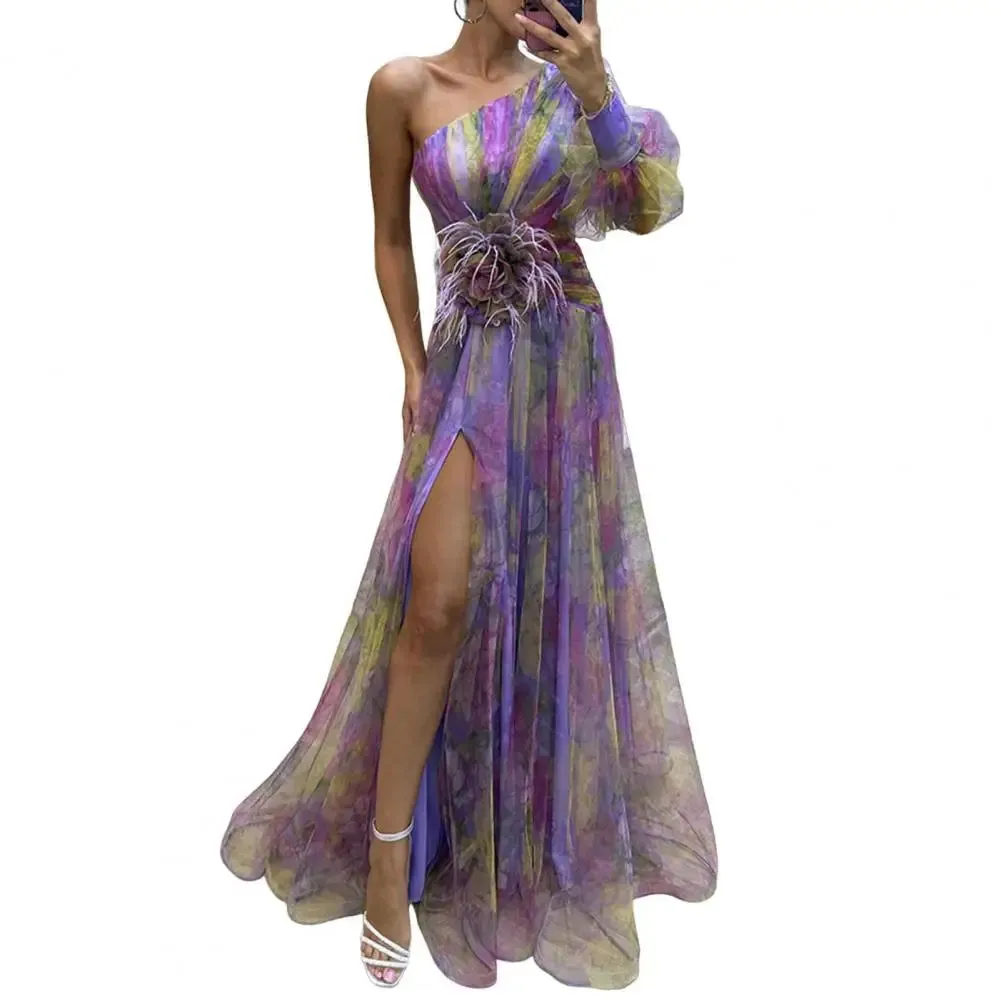 Sexy A-line Evening Dress Doule Layered Tie Dye Flower Print One Shoulder Women Banquet Gown Floor Length Split Hem Long Dresses