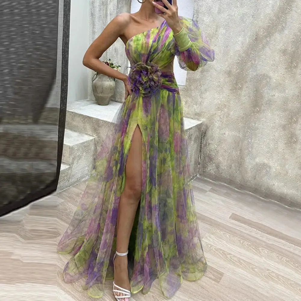 Sexy A-line Evening Dress Doule Layered Tie Dye Flower Print One Shoulder Women Banquet Gown Floor Length Split Hem Long Dresses