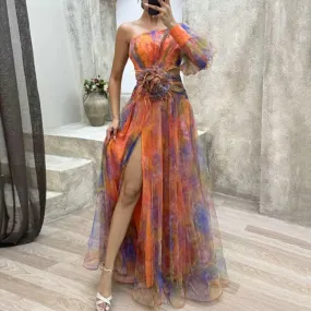 Sexy A-line Evening Dress Doule Layered Tie Dye Flower Print One Shoulder Women Banquet Gown Floor Length Split Hem Long Dresses