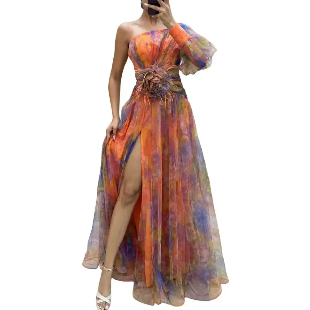 Sexy A-line Evening Dress Doule Layered Tie Dye Flower Print One Shoulder Women Banquet Gown Floor Length Split Hem Long Dresses