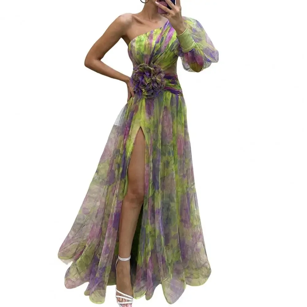 Sexy A-line Evening Dress Doule Layered Tie Dye Flower Print One Shoulder Women Banquet Gown Floor Length Split Hem Long Dresses