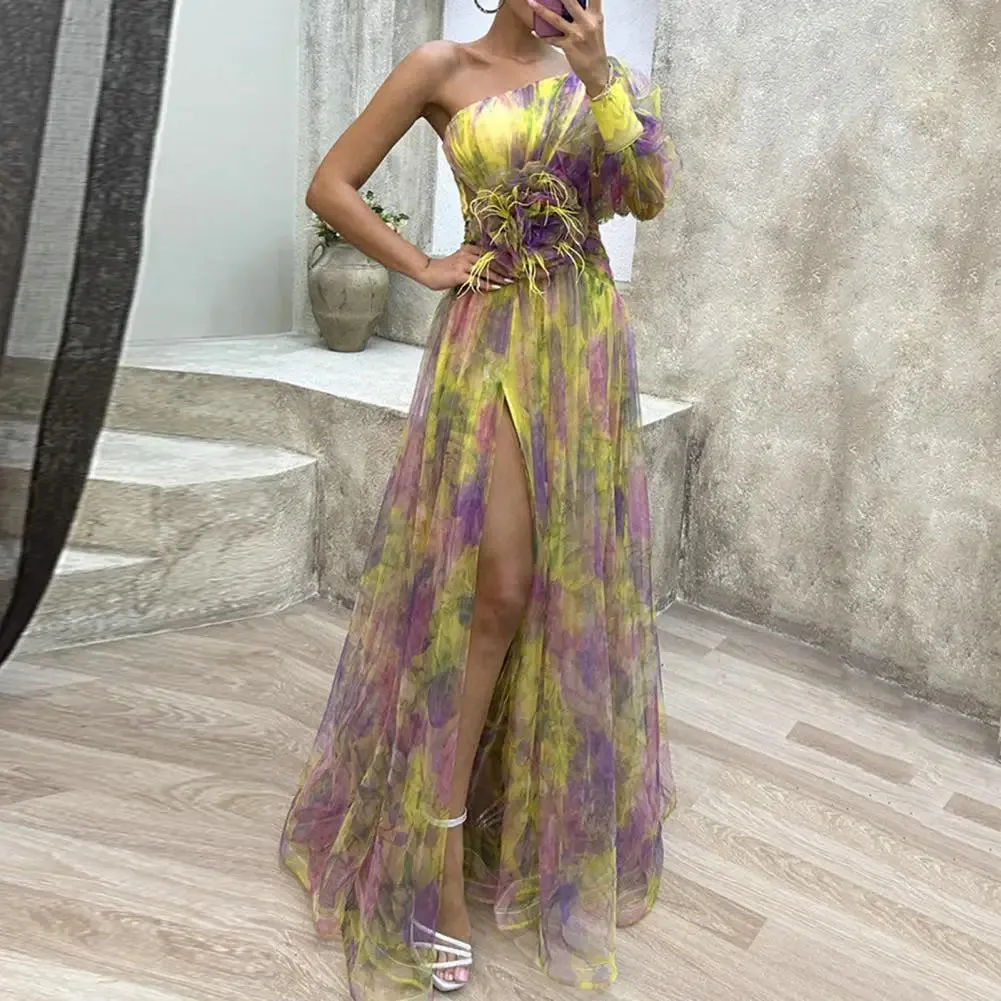 Sexy A-line Evening Dress Doule Layered Tie Dye Flower Print One Shoulder Women Banquet Gown Floor Length Split Hem Long Dresses