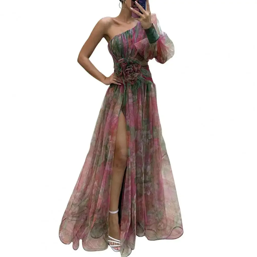 Sexy A-line Evening Dress Doule Layered Tie Dye Flower Print One Shoulder Women Banquet Gown Floor Length Split Hem Long Dresses