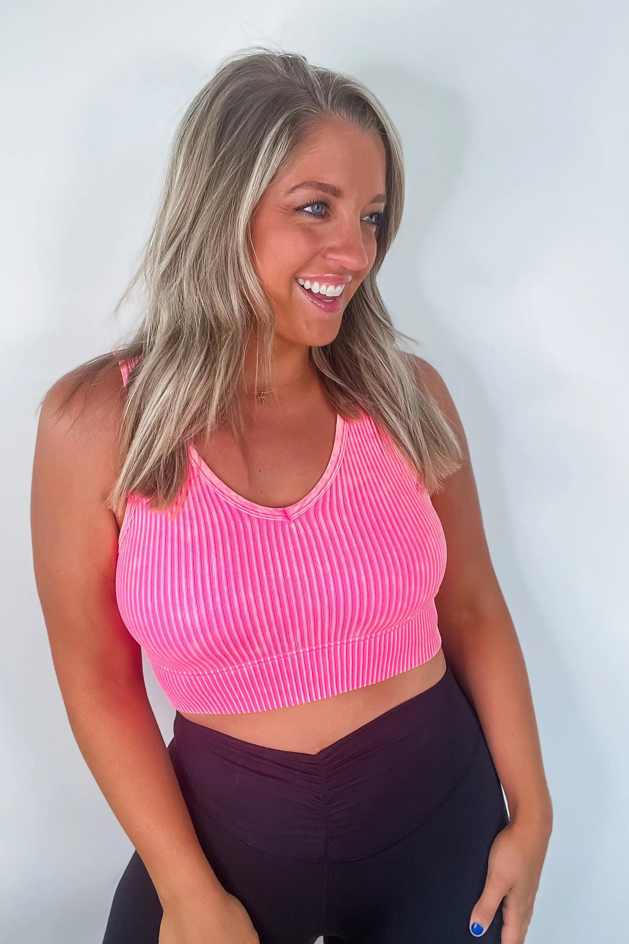 When and Where Reversible Ribbed Cropped Tank in Neon Coral Fuchsia