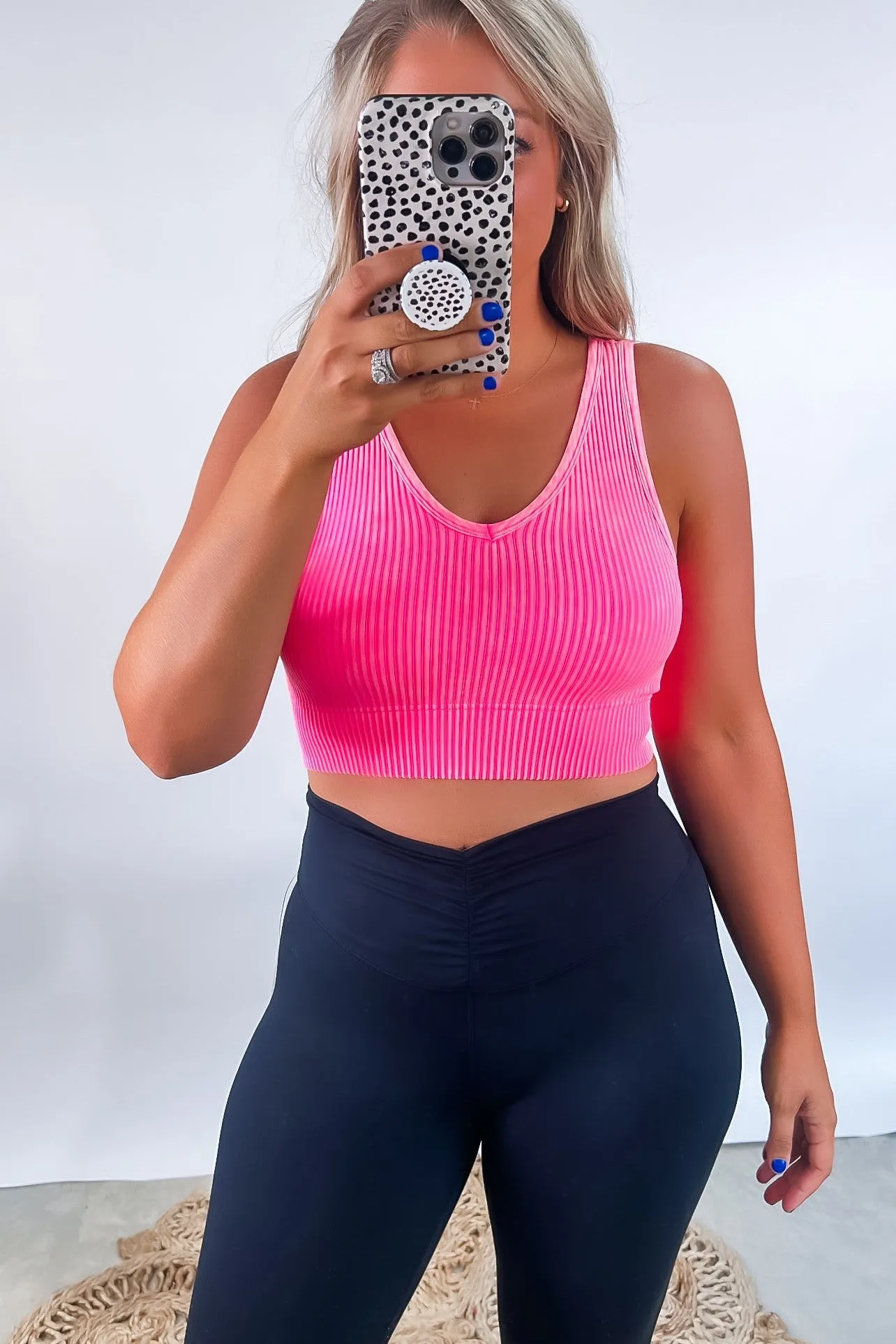 When and Where Reversible Ribbed Cropped Tank in Neon Coral Fuchsia