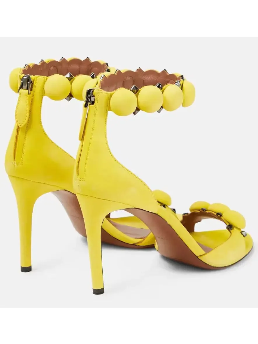 Women’s Bobble High-Heel Sandals in Yellow Suede
