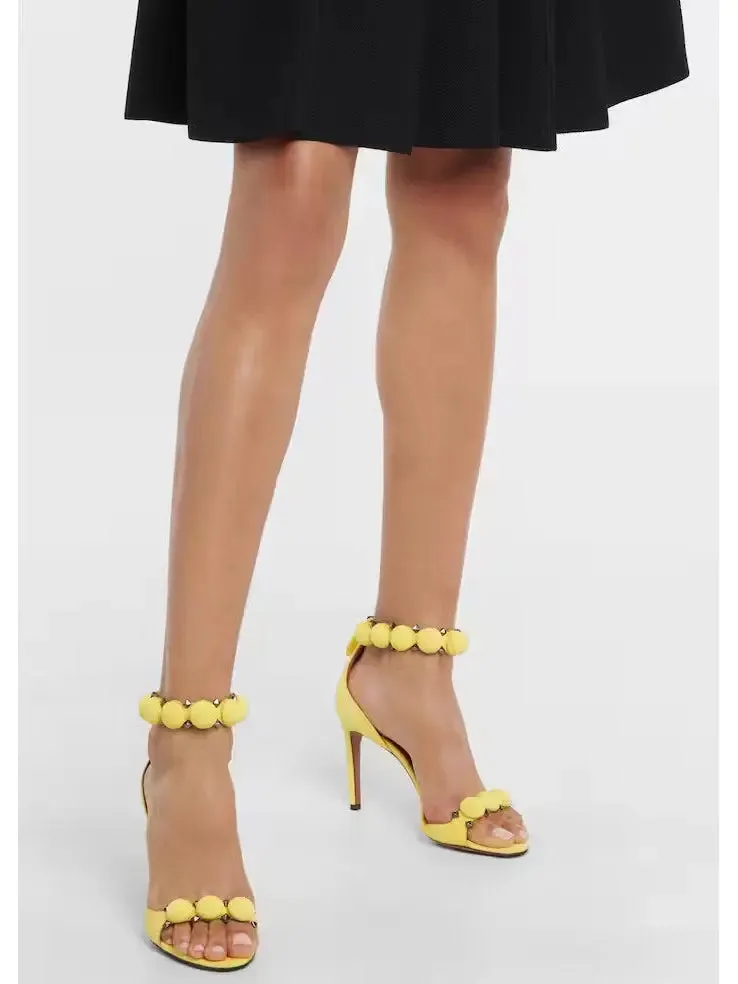 Women’s Bobble High-Heel Sandals in Yellow Suede