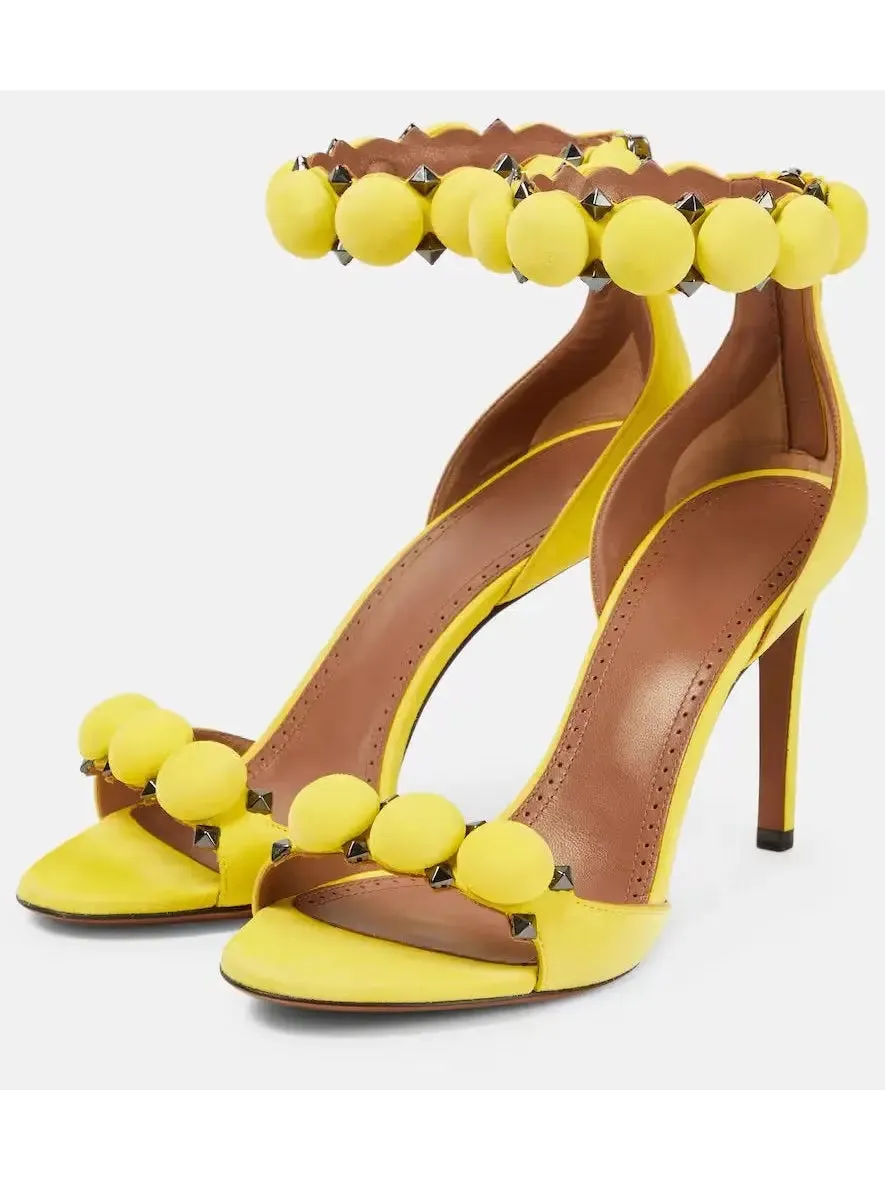 Women’s Bobble High-Heel Sandals in Yellow Suede