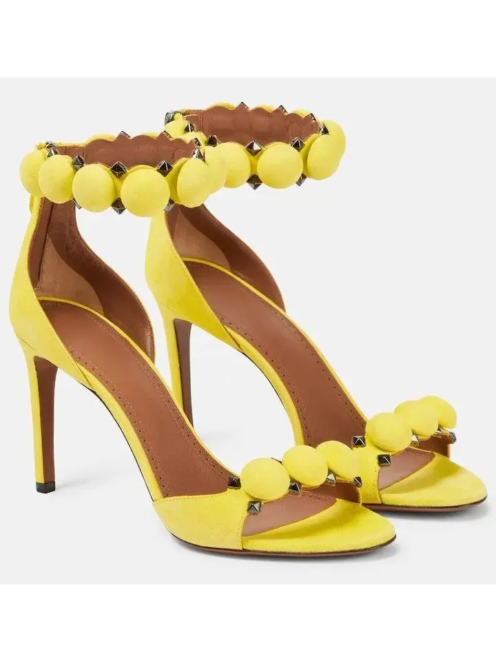 Women’s Bobble High-Heel Sandals in Yellow Suede